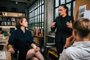 discus and brainstorming team working with colleague planning and creative work in office